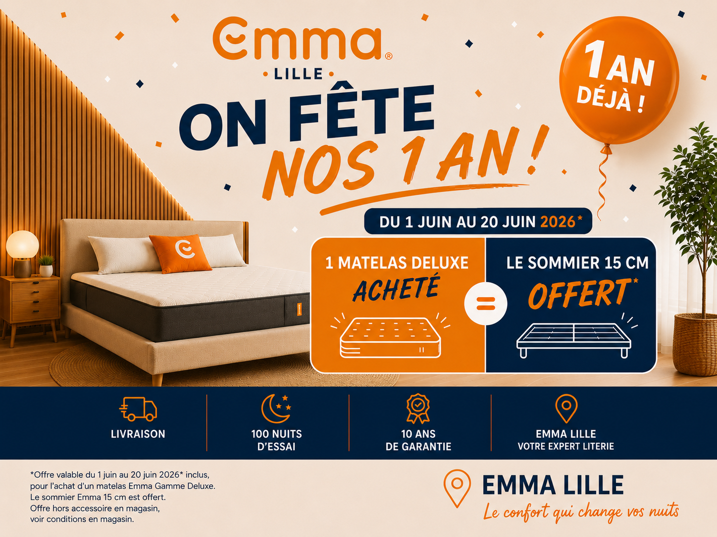 Offre anniversaire Emma Lille - 1 matelas deluxe achete, sommier 15 cm offert